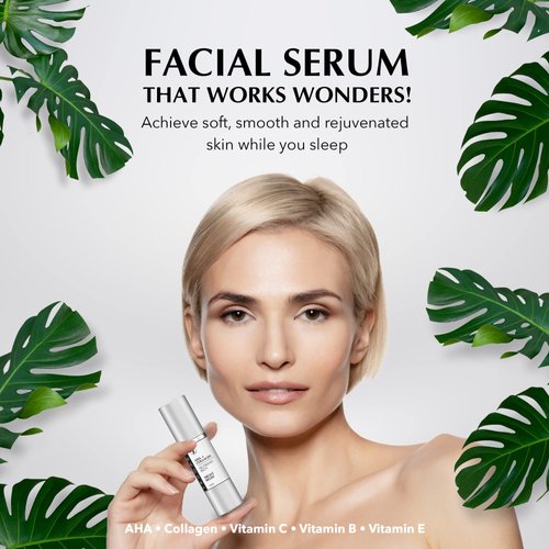 TRUGARI - AHA + Collagen Night Relief Serum, Nutrient-Rich Skin Care Serum with Vitamins C, B and E, Powerful Face Moisturizer for Dry Skin, Night Time Face Care Serum for Intense Repair, 30 ml