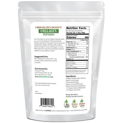 Z Natural Foods Chocolate Coconut Collagen Peptides, Made with Coconut Milk Powder, Delicious Protein Powder for Overall Wellbeing, Sugar-Free, Non-GMO, Gluten Free, Kosher, 1 lb.