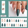 WAFOLOZE Almond Press on Nails Medium Fake Nails Dark Green Gloss False Nails with Matte Nails&Green Leaf Designs Glue on Nails Acrylic Nails Press ons Artificial Nails Stick on Nails for Women 24Pcs
