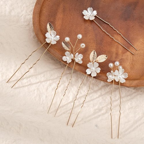Wedding U Hair Pins for Flower Girl White and Gold Hair Clip for Bridesmaid 5 Pieces Gold Leaf and White Flower Wedding Hair Pieces for Bride and Flower Girls Hair Accessories