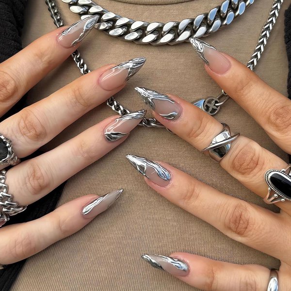 LPOODDNU Almond Press on Nails Medium Length Fake Nails Silver 3D Effect Full Cover Stick on Nails Glossy False Nails Cute Medium Almond French Nails Press ons for Women Girls 24 Pcs