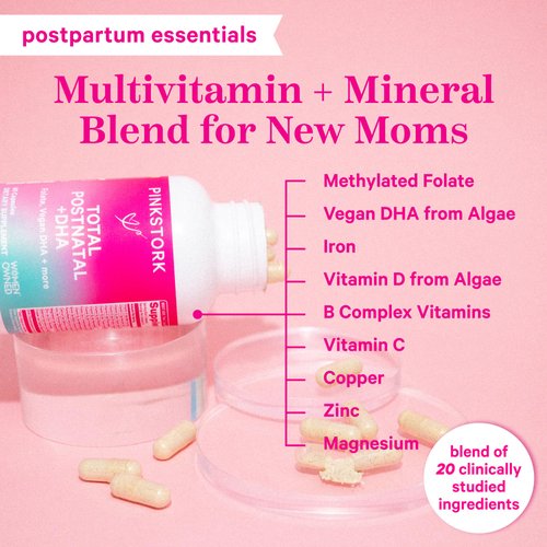 Pink Stork Total Postnatal Vitamins for Women with Vegan DHA, Iron, Folate, and Vitamin B12, Postpartum Recovery Essentials, Daily Supplement for Breastfeeding Moms - 1 Month Supply