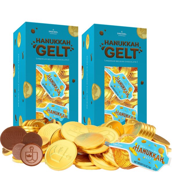 The Dreidel Company Hanukkah Chocolate Gelt Gold Coins In Mesh Bag, Belgian Milk Chocolate Coins, 2LB, Kosher Certified (48 Mesh Bags, 4 Coins Per Bag)