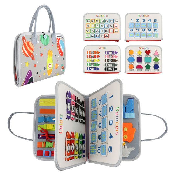 EZBaby Busy Book for Toddlers 1-3, Montessori Busy Board for 3 Year Old, Kid Travel Busy Board for Toddlers 1+, Sensory Book, Airplane Activities Toy, Educational Motor Skills Boys and Girl 2-4, Gray