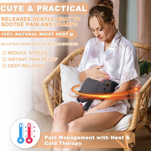 Microwave Heating Pad for Cramps Pain Relief, 16 * 12'' Moist Microwavable Period Menstrual Heating Pads for Cramps, Back, Neck Shoulder and Knee, Cute Stuffed Animal Heating Pad - Grey Cat