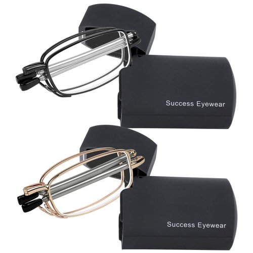 Reading Glasses 2 Pair Readers Compact Folding Unisex Glasses for Reading Case Included Set of Black and Gold +1.75