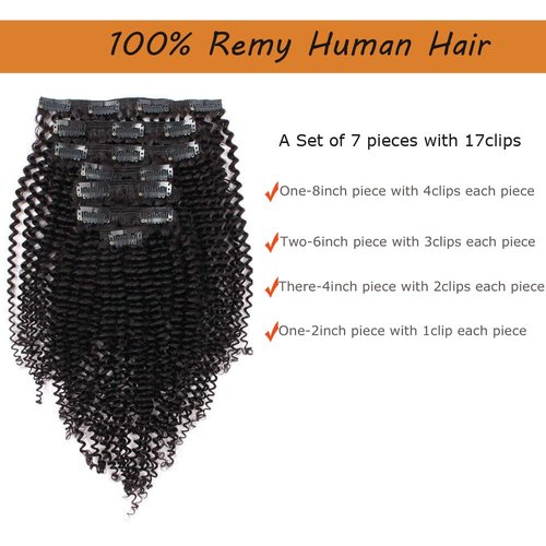 Curly Hair Extensions Clip In Human Hair 4B 4C , 3C 4A Curly Clip In Hair Extensions For Black Women 18Inch 7PCS 120Gram Curly Hair Extensions Natural Black Color Full Thick End Hair