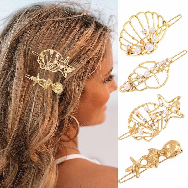 CAKURE Seashell Pearl Hair Clip Set Gold Beach Wedding Hair Pins Boho Conch Hair Barrettes Wedding Hair Accessories for Women and Girls (Pack of 4)