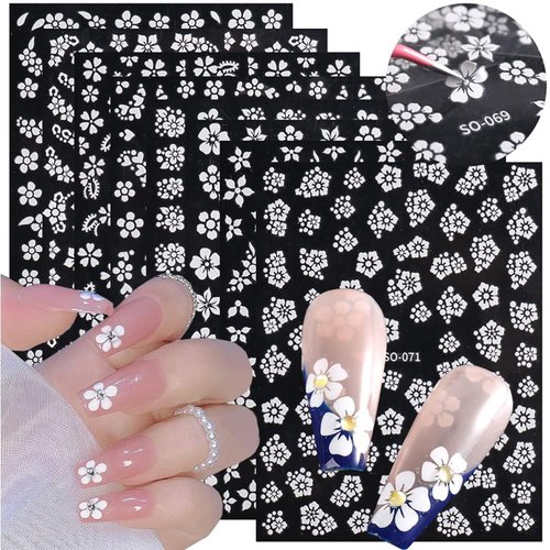 TBRZTR 8 Sheets Flower Nail Art Stickers Decals 3D Self-Adhesive White Floral Nail Decals Self-Adhesive Nail Art Supplies Flowers Nail Accessories for Women Manicure Decorations Design