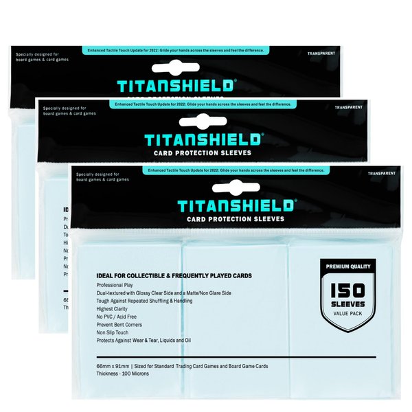 TitanShield [3-Pack 450 Sleeves Bundle Premium Clear Card Sleeves Compatible with Standard Sized Board Games, MTG Magic The Gathering, Pokemon, Lorcana and Trading Cards 2.5" x 3.5" 66x91mm