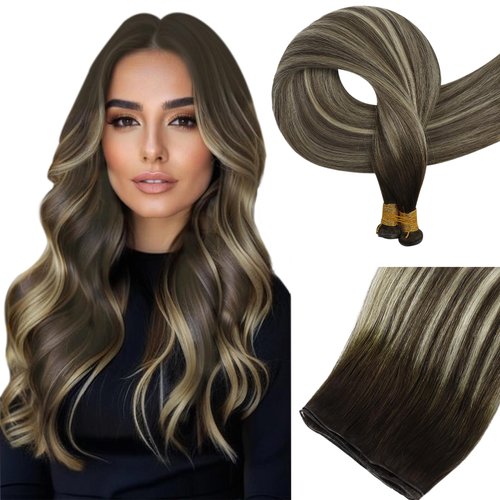 Full Shine Sew In Hair Extensions Hand Tied Weft Hair Extensions Human Hair Genius Weft Extensions Darkest Brown To Platinum Blonde Mix Darkest Brown Human Hair Weft Real Hair Extensions 60G 20 Inch