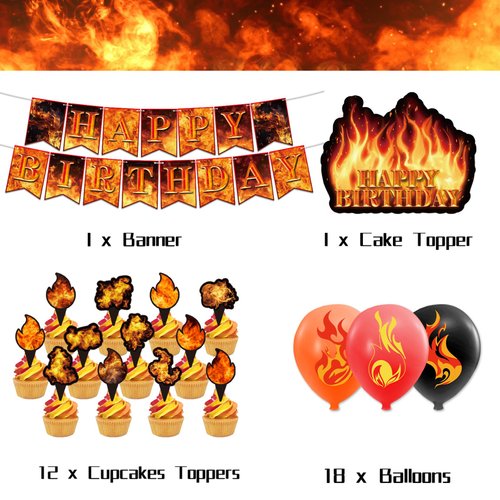 Fire Party Decorations Firefighter Birthday Party Supplies Includes Fire Happy Birthday Banner Cupcake Toppers Cake Topper Balloons for Firefighter Party Fire Truck Party Supplies