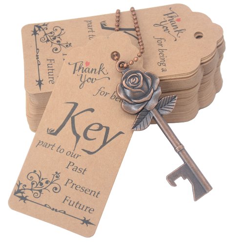 Aokbean 100 Sets Wedding Favors Rose Key Bottle Opener for Bulk Wedding Guests Gifts Vintage Skeleton Key Opener with Escort Tag Cards and Keychain (Copper)