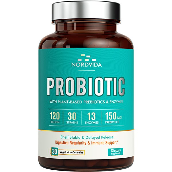 Probiotic with Prebiotic & Digestive Enzymes, 30 Strains 120 Billion Live Cultures Guaranteed, Once Daily Digestive & Immune Care, Vegan No Gluten Dairy, Delayed Release & Shelf Stable
