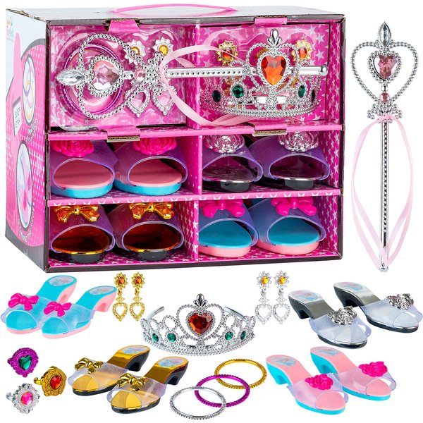 Toyvelt Princess Dress Up Shoes and Jewelry Boutique - Pretend Play for Little Girls Set Incl 4 Pairs Princess Shoes and Lots of Accessories - Toddler Girl Toys (Classic Edition)