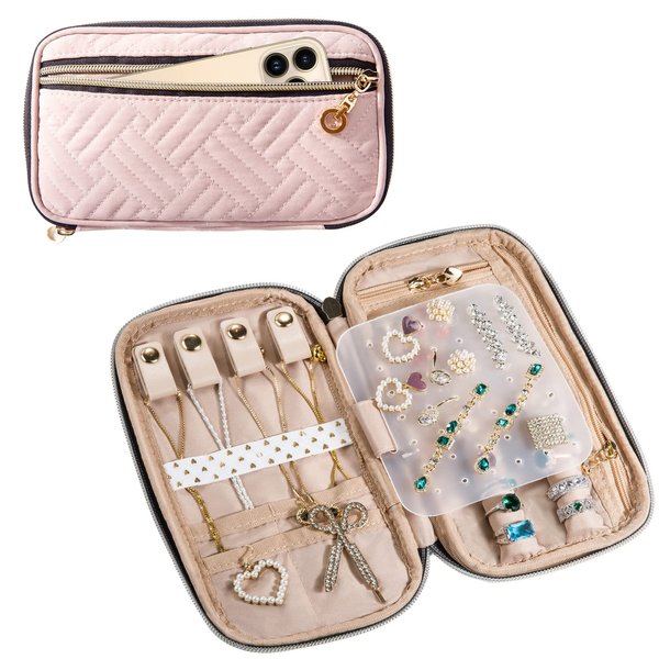 SFYBYHEART Travel Jewelry Organizer Case, Jewelry Travel Bags for Women, Small Travel Jewelry Case for Tangle-Free Earrings, Necklaces, Rings Storage, Travel Accessories, Travel Essentials, Pink