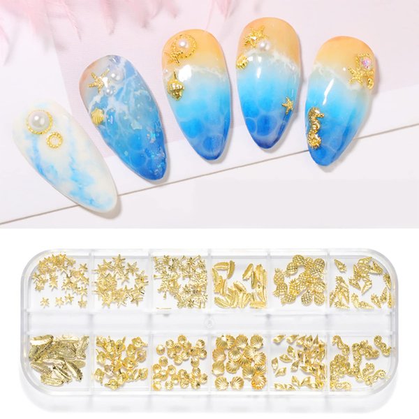 WEILUSI 3D Nail Art Steel Studs Summer Metal Nail Charms Sparkle Gold Metal Nail Studs Jewels Mix Shapes Shell Starfish Pineapple Feathers Rivet Design for Women Nail DIY Tools Manicure Decorations