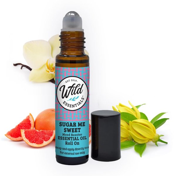 Wild Essentials Sugar Me Sweet Essential Oil Roll On, 10ml, Uplifting, Mood Boosting, Sweet Cotton Candy Aroma, Made with Organic Jojoba Oil, Ready to Use, Moisturizer, All Natural
