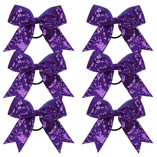 Metallic Sequin and Holographic 6 Inch Cheer Bow Cheerleader Cheerleading Jumbo Cheer Bow Hair Tie Hair Bow School… (Purple)