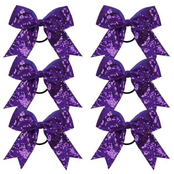 Metallic Sequin and Holographic 6 Inch Cheer Bow Cheerleader Cheerleading Jumbo Cheer Bow Hair Tie Hair Bow School… (Purple)