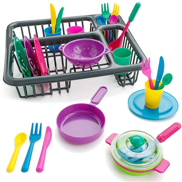 Kids Pretend Play Dishes Children's Kitchen Playset - Wash and Dry Tableware Dish Rack Toy with Drainer, Cups, Pots, Utensils (28 Pieces)