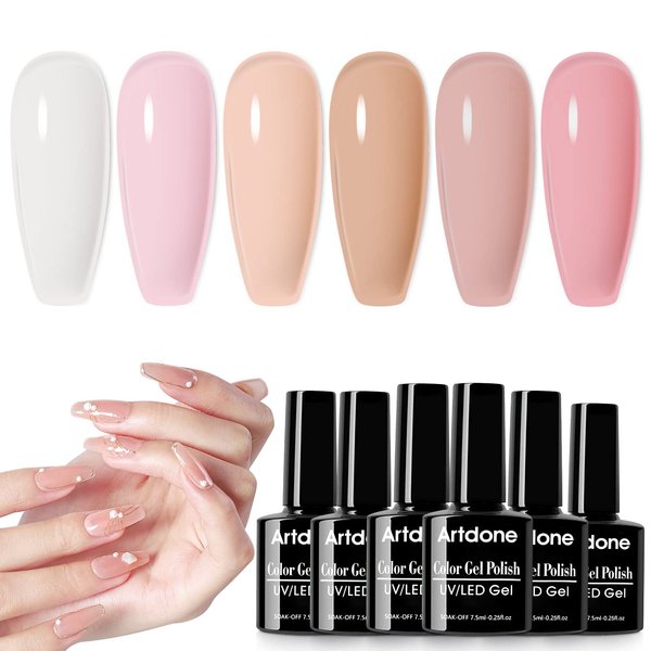 Artdone Jelly Gel Nail Polish Set - 6 Colors Translucent Milky Pink Nude Brown Colors Nail Polish For All Seasons Neutral Soak off LED Lamp Gel Manicure Kit For holiday gift Nail Art Gel…