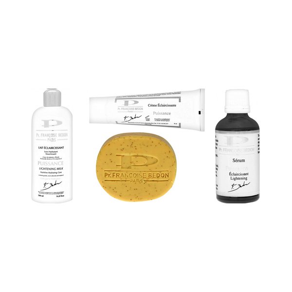Pr. Francoise Bedon Lightening Complete Line of PUISSANCE Set Body Lotion 16.8 oz Cream Tube 1 oz Serum 1.7 oz Exfoliating Soap 7 oz