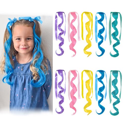 Z-CHARMMY Colored Curly Hair Extensions with Fabric Ribbon, Wavy Wrap Around Colorful Hair Extensions for Kids, Tie-in Princess Ponytail for Girls, 5 Color, 10 Pieces