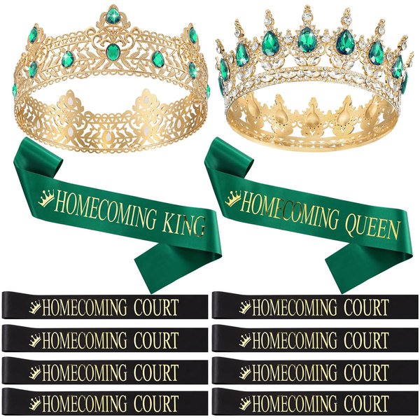 Saintrygo 12 Pcs Homecoming Crowns and Sashes Set Homecoming King Queen Crystal Tiara Court Shiny Sash for Homecoming Party (Gold, Green,Shiny)
