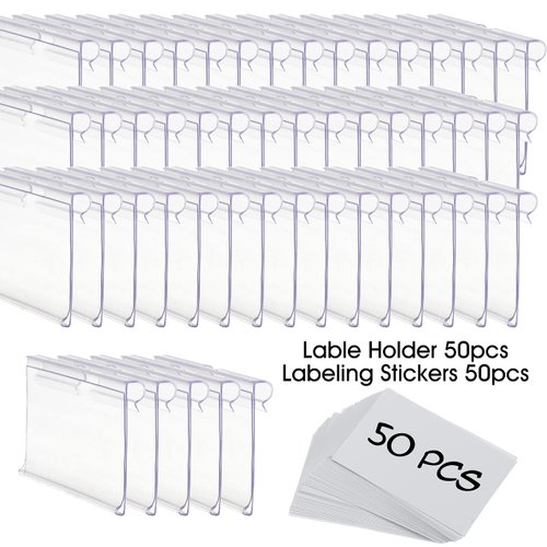 50pcs Labels for Storage Bins Plastic Label Clip, Basket Labels Clip On Wire Shelf Price Label Holder Merchandise Sign Display Holder, 50pcs Label Insert Included
