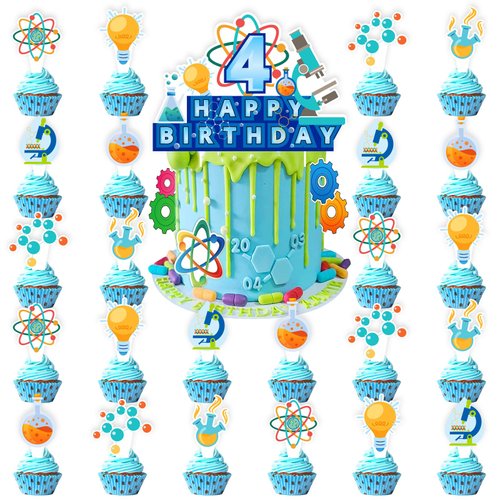 25pcs Science 4th Birthday Party Supplies, Chemistry School Cupcake Toppers Decorations, Scientis tlaboratory Theme Happy Birthday Kids Cupcake Toppers Decoration (4th)