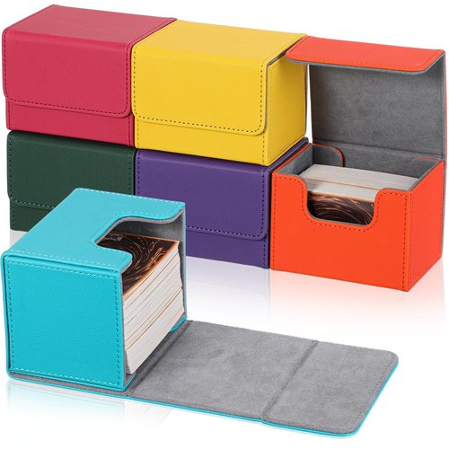 6 Pack Leather Deck Card Boxes 100+ Card Deck Game Box Magnetic Playing Card Deck Card Storage Box for 100 Plus Cards Compatible with MTG TCG (Pink,Orange,Blue,Yellow,Green,Purple, Horizontal)