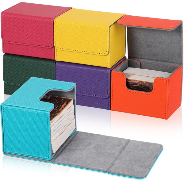 6 Pack Leather Deck Card Boxes 100+ Card Deck Game Box Magnetic Playing Card Deck Card Storage Box for 100 Plus Cards Compatible with MTG TCG (Pink,Orange,Blue,Yellow,Green,Purple, Horizontal)