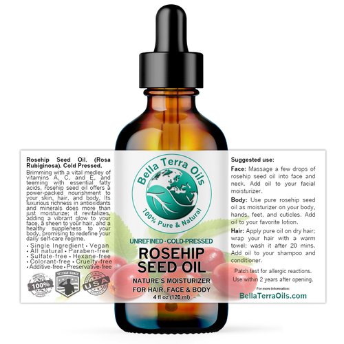 Bella Terra Oils - Rosehip Oil 4oz - Hailing from the Finest Rosa Mosqueta, Abundant in Omega-6 & Omega-3 Fatty Acids, Pure Radiance for Face