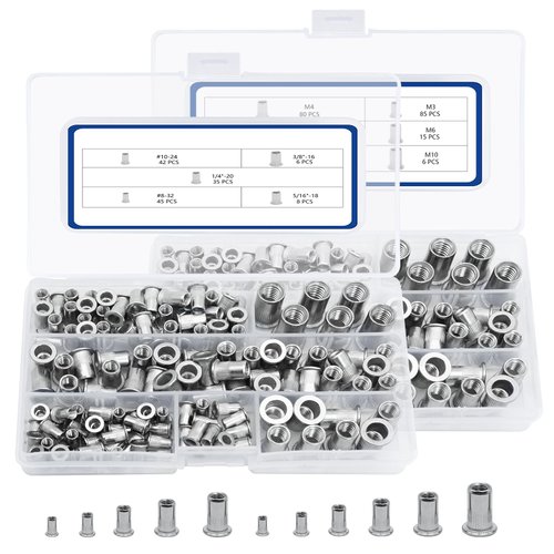 SAE & Metric Stainless Steel Rivet Nut Kits, JROUTH 380pcs Rivnuts & Nutsert Assortment, Sizes 8-32 10-24 1/4"-20 3/8"-16 5/16"-18 M3 M4 M5 M6 M8 M10