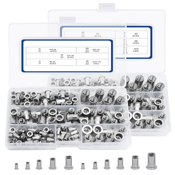 SAE & Metric Stainless Steel Rivet Nut Kits, JROUTH 380pcs Rivnuts & Nutsert Assortment, Sizes 8-32 10-24 1/4"-20 3/8"-16 5/16"-18 M3 M4 M5 M6 M8 M10