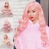 Pink Lace Front Wigs for Women Long Wavy Synthetic Hair Wig Soft Lace Wig with Natural Hairline Glueless Heat Resistant Fiber Hair for Women 24 Inch Cosplay Wigs (Pastel Pink)