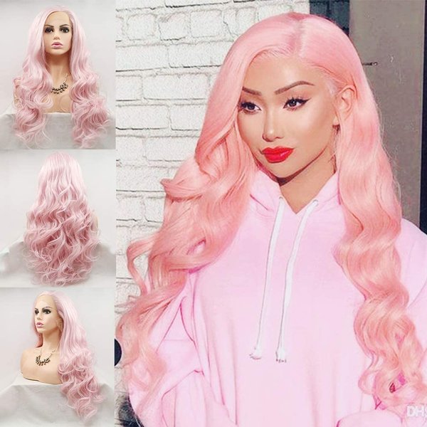 Pink Lace Front Wigs for Women Long Wavy Synthetic Hair Wig Soft Lace Wig with Natural Hairline Glueless Heat Resistant Fiber Hair for Women 24 Inch Cosplay Wigs (Pastel Pink)