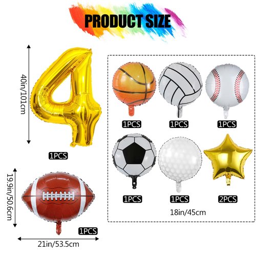 9 Pieces Sports Balloons, Football, Basketball, Baseball, Volleyball, Golf and Soccer Foil Balloon, Sports Birthday Number Mylar Foil Balloon, Sport Theme Birthday Party Supplies Decorations (4th)