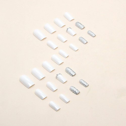 Square Press on Nails Short White Fake Nails Acrylic Artificial Glue on Nails Decorations Sequin False Nails with Designs Matte Stick on Nails for Women Girls 24Pcs