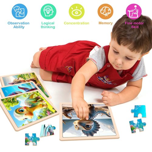 Dinosaur Puzzles for Toddlers 2-4 Years Old，Set of 6 Wooden Puzzles- 9 Pieces for Kids Children Learning Educational Puzzles Toy Gift for Boys and Girls 2 3 4 5 Years Old.