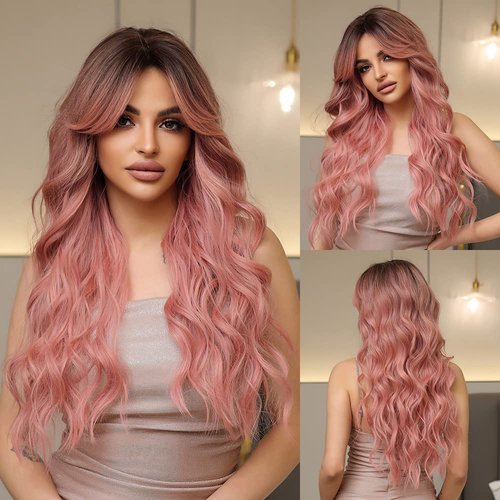 VKheroKV WL-01 Women's Wavy Ombre Pink Wig With Hair Bangs Long Length Synthetic Heat Resistant Nature Curly Wigs For Party Daily Halloween Cosplay (Ombre Pink (Middle Part Bangs))