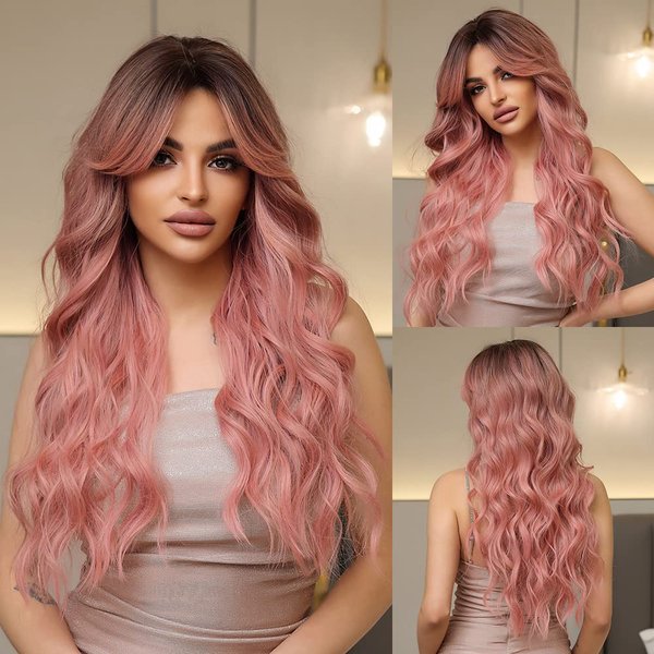 VKheroKV WL-01 Women's Wavy Ombre Pink Wig With Hair Bangs Long Length Synthetic Heat Resistant Nature Curly Wigs For Party Daily Halloween Cosplay (Ombre Pink (Middle Part Bangs))