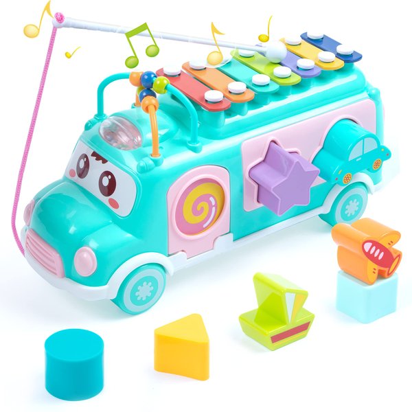 Montessori Bus Baby Toys for 1 Year Old,Xylophone Toys with Building Blocks Shape Sorting & Shape Sorter,Festival Birthday for Boys and Girls 1-3 Christmas