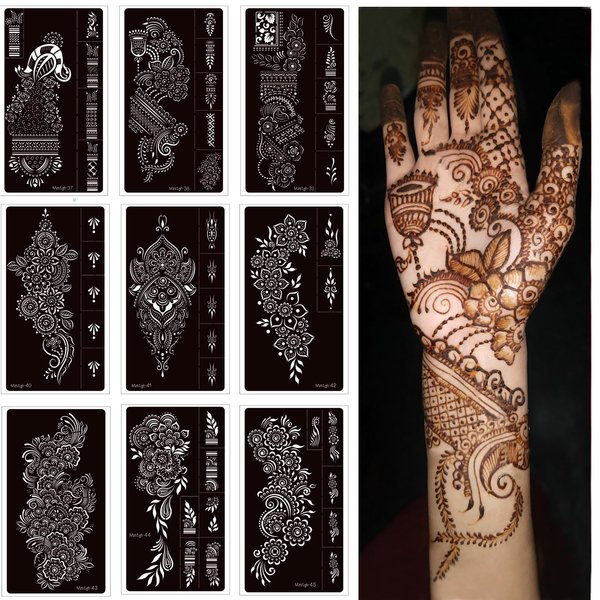 9 Sheet Henna Stencils Temporary Tattoo Stencils,Henna tattoo kit Reusable henna Tattoo Sticker Indian Temporary Tattoo Stickers Self Adhesive Tattoo Templates