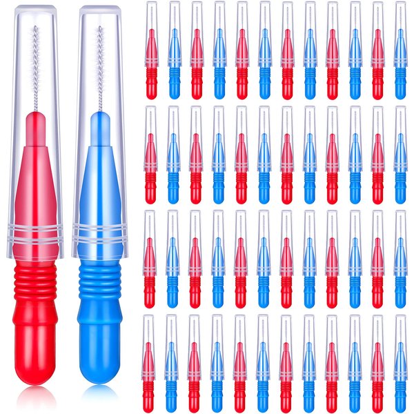 Patelai 50 Pieces Braces Brush for Cleaner Interdental Brush Toothpick Dental Tooth Flossing Head Oral Dental Hygiene Flosser Toothpick Cleaners Tooth Cleaning Tool (Red, Blue)