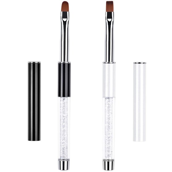 Ycyan 2Pcs Oval & Flat UV Gel Nail Brush Set Rhinestone Handle Professional Nail Art Design Brushes