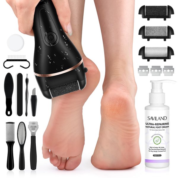 SAVILAND 2024 Electric Feet Callus Remover with Ultra-Repair Foot Cream 120g: Rechargeable Portable Electric Callus Remover for Feet Professional Pedicure Care Kit for Cracked Dead Skin