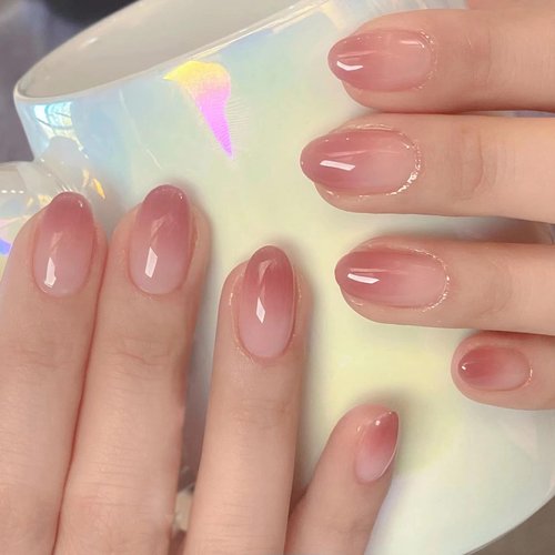 Oval Press on Nails Short Fake Nails Glossy Glue on Nails Gradient Color False Nail Tips Full Cover Stick on Nails French Designs Short Oval Acrylic Nails for Women Girls - 24Pcs