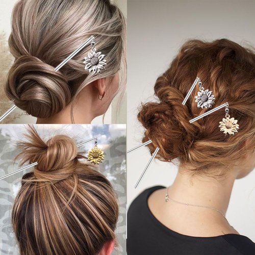 3 Pcs Sunflower Hair Sticks Silver Gold and Rose Gold Sunflower Pendant Hair Accessories MGPFERD